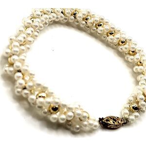 Vintage Woven Faux Pearl Beaded Bracelet 8in